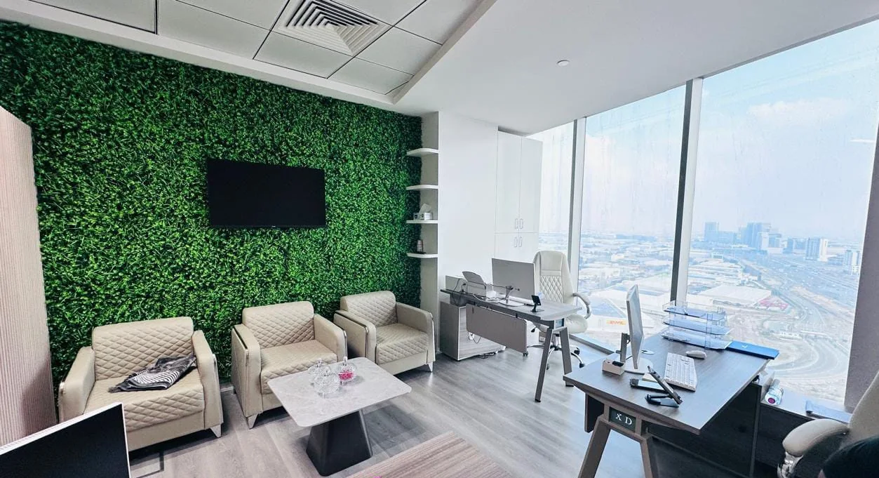 Completed office interior with feature wall and city view